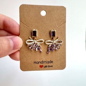 Purple Rhinestone Bow Dangle Earrings Gold Tone (Mix & Match 2 for $15)